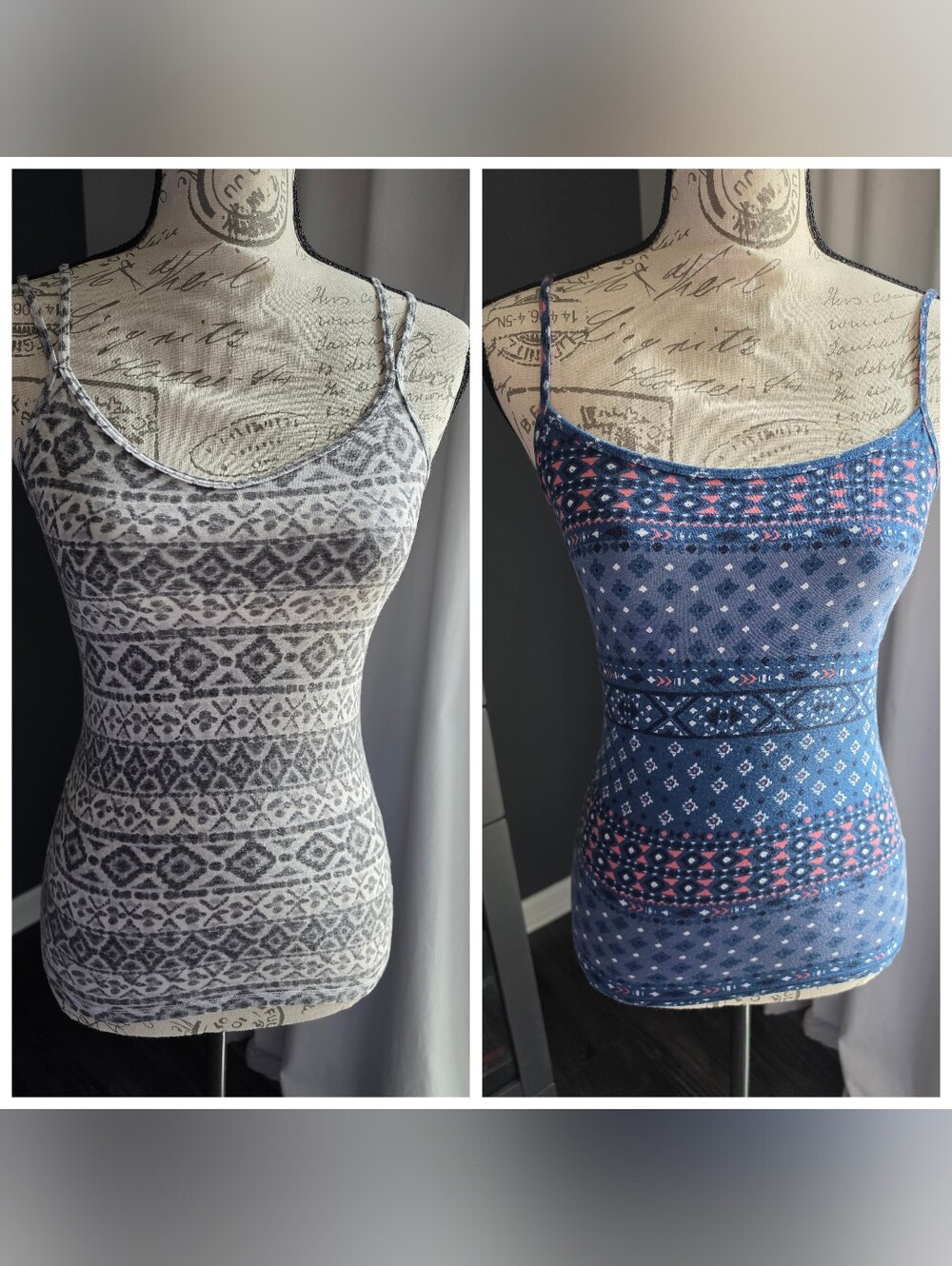 Aeropostale Twin-Pack Printed Camisoles - Gray/White & Navy with Pink Accents